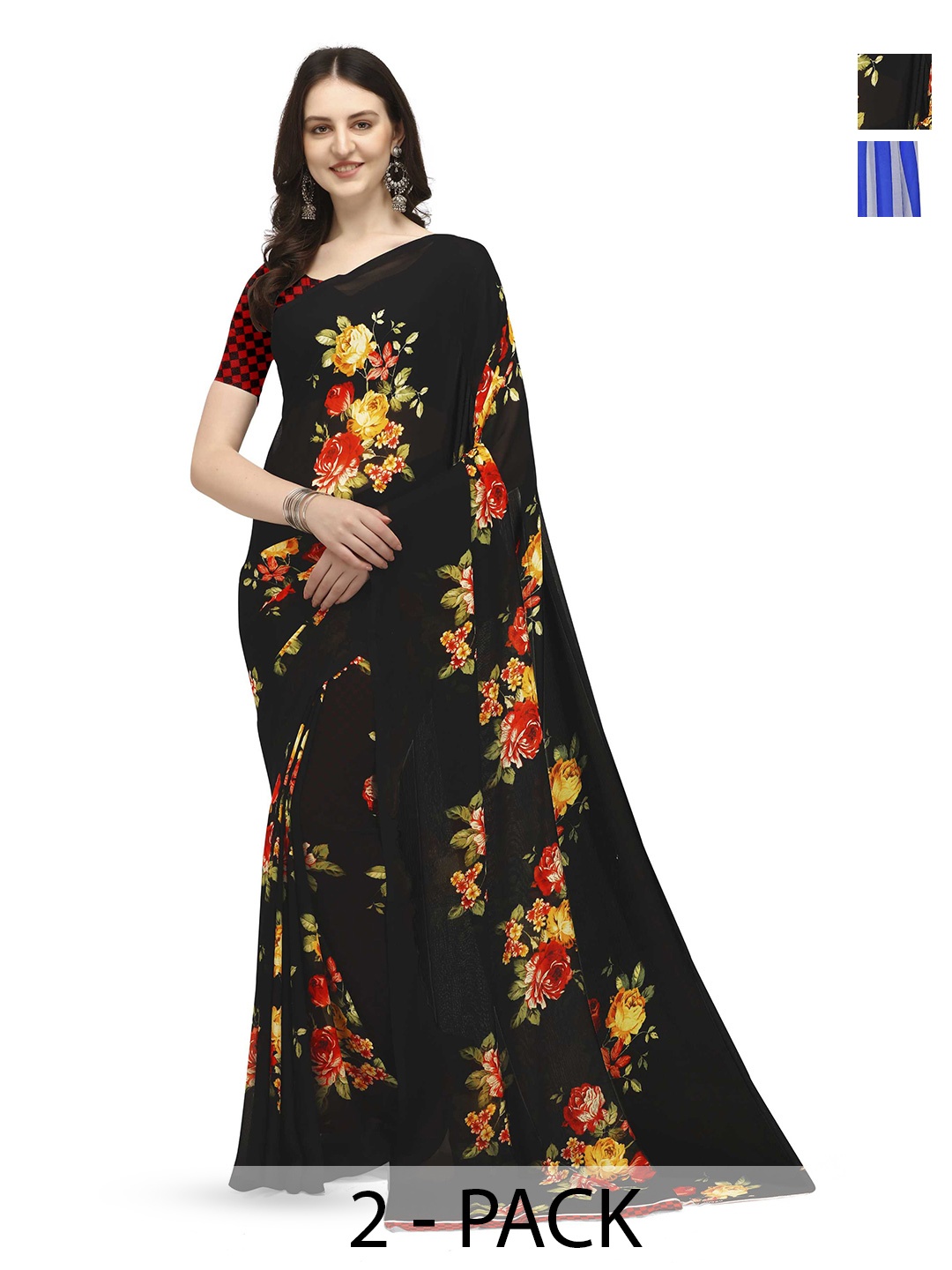 

ANAND SAREES Selection Of 2 Floral Printed Sarees, Black