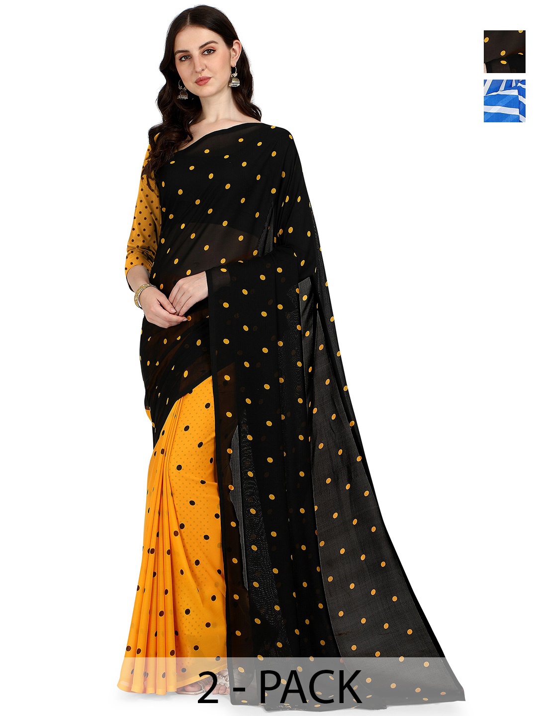 

ANAND SAREES Selection Of 2 Polka Dots Printed Sarees, Blue