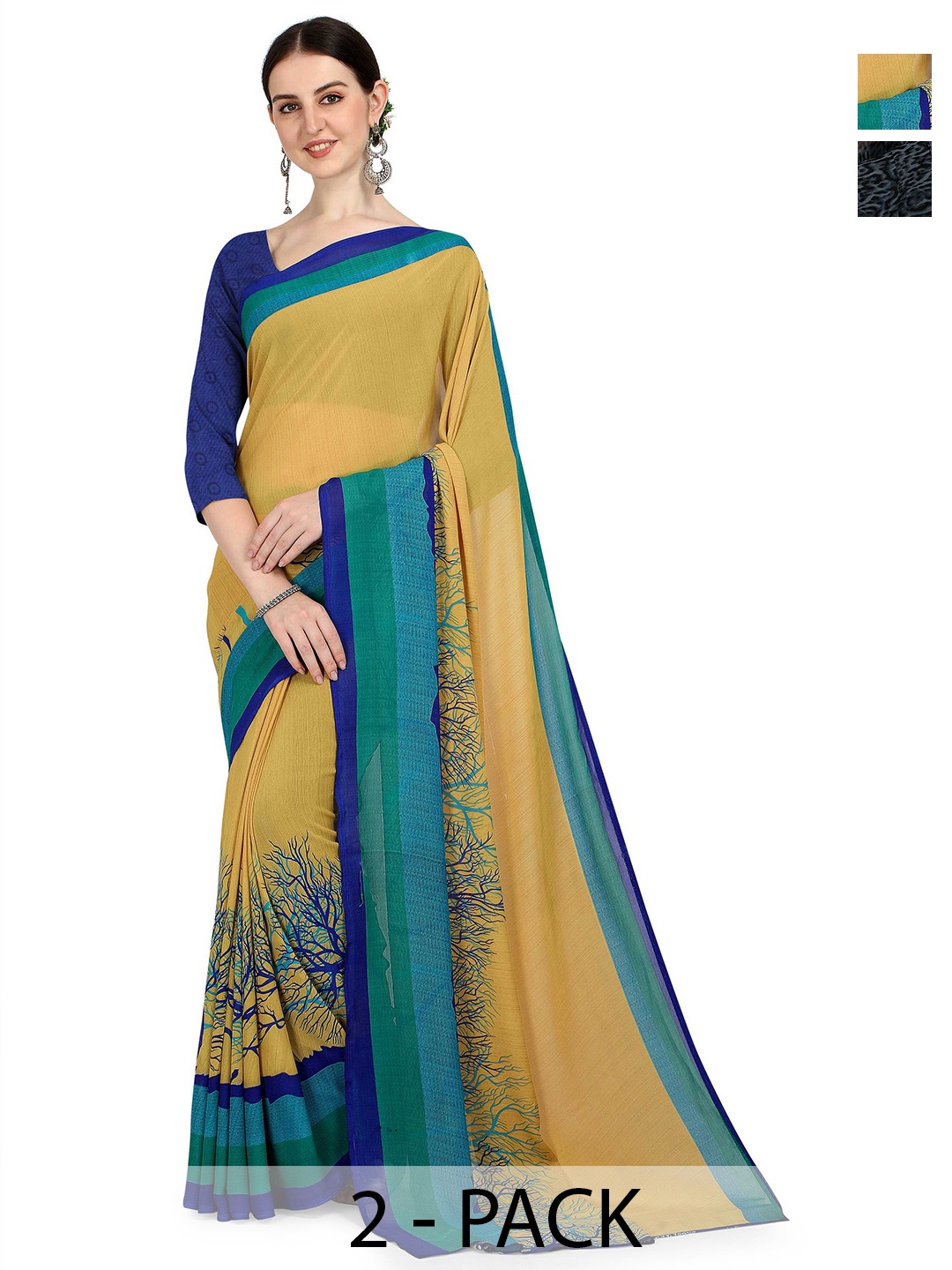 

ANAND SAREES Selection Of 2 Abstract Printed Sarees, Black