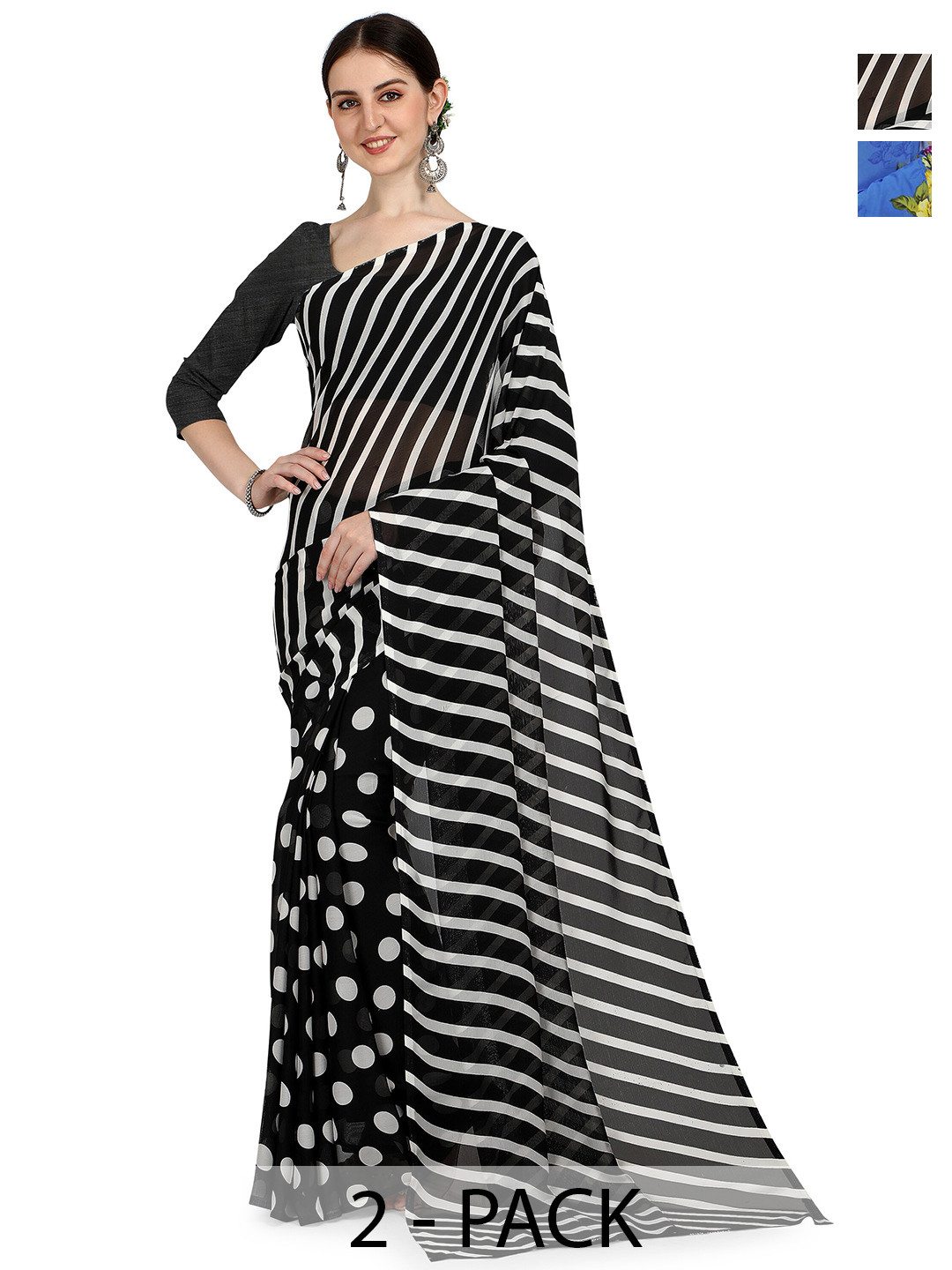 

ANAND SAREES Selection Of 2 Striped Sarees, Black