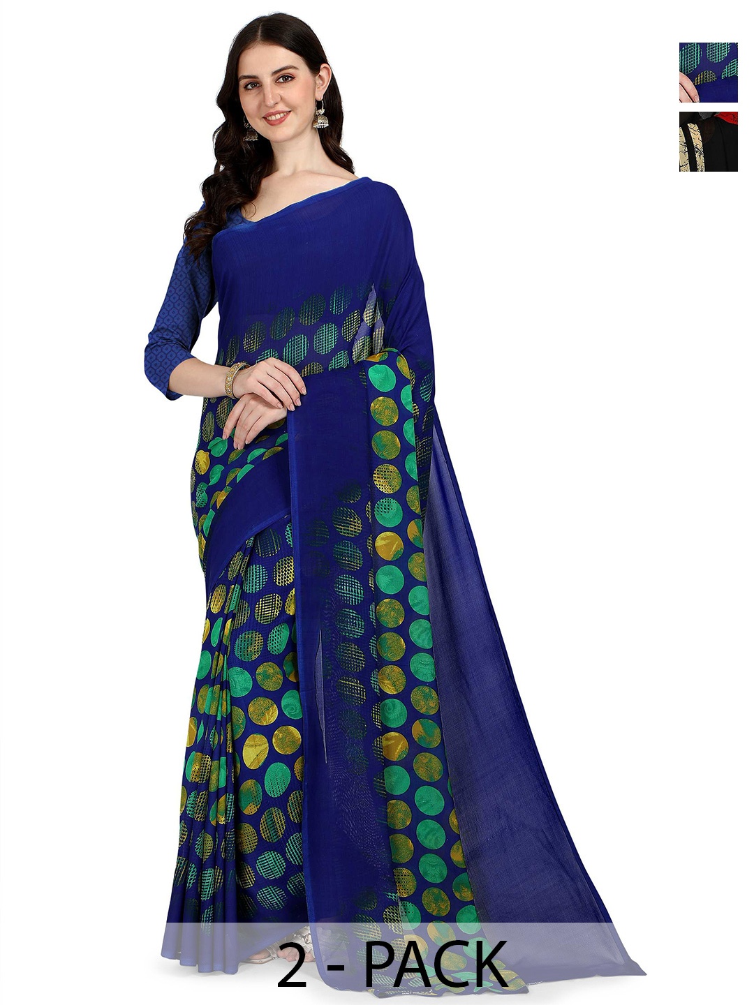 

ANAND SAREES Selection Of 2 Polka Dot Printed Sarees, Blue