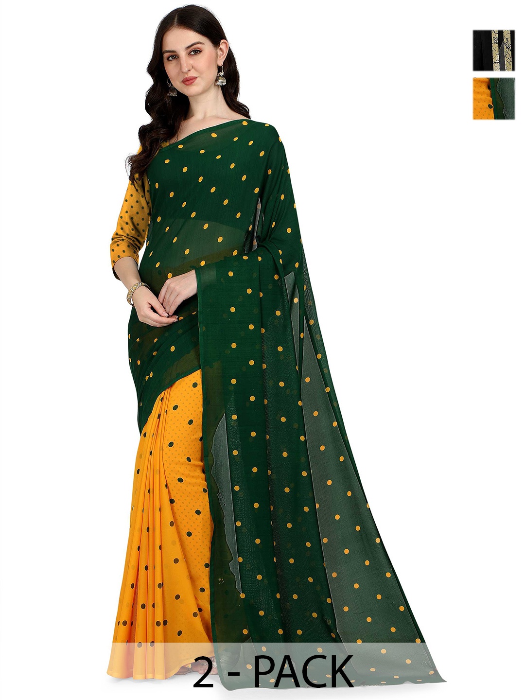 

ANAND SAREES Selection Of 2 Polka Dot Printed Sarees, Green