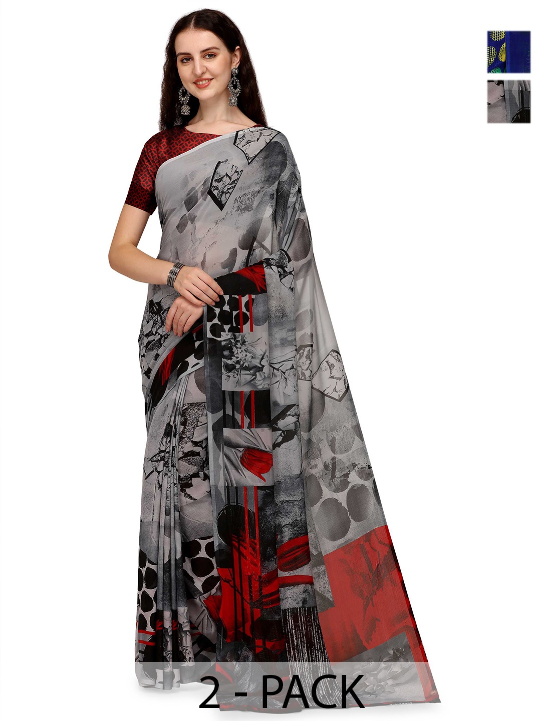 

ANAND SAREES Selection Of 2 Abstract Printed Sarees, Grey