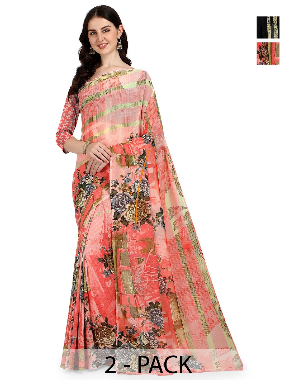 

ANAND SAREES Selection Of 2 Floral Printed Sarees, Peach