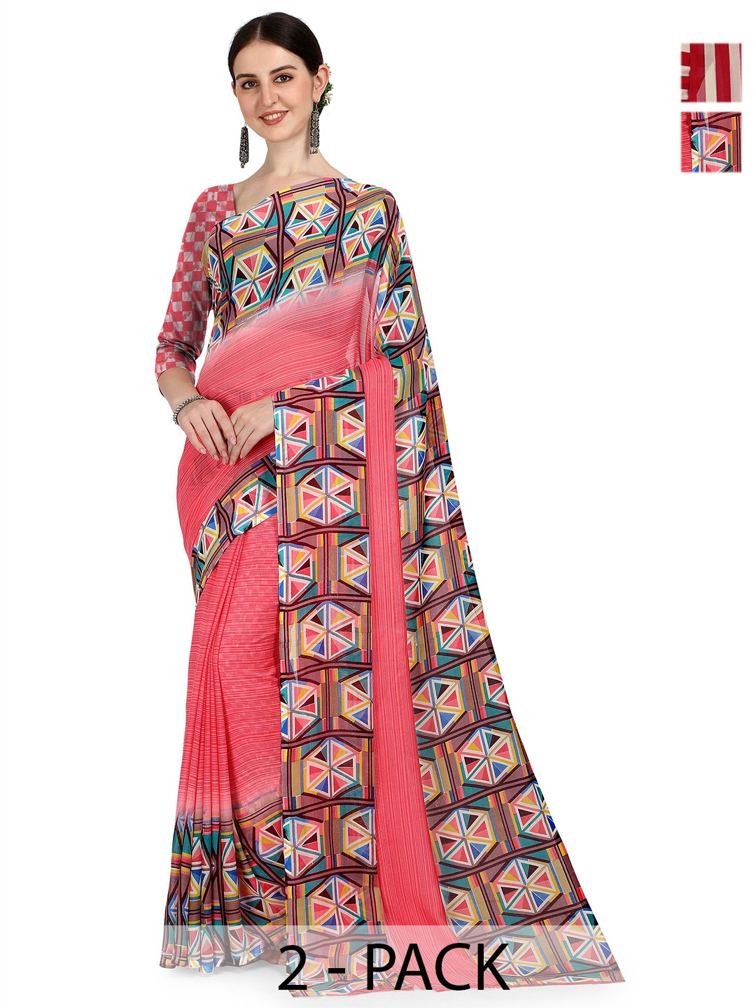 

ANAND SAREES Selection Of 2 Striped Printed Saree, Red