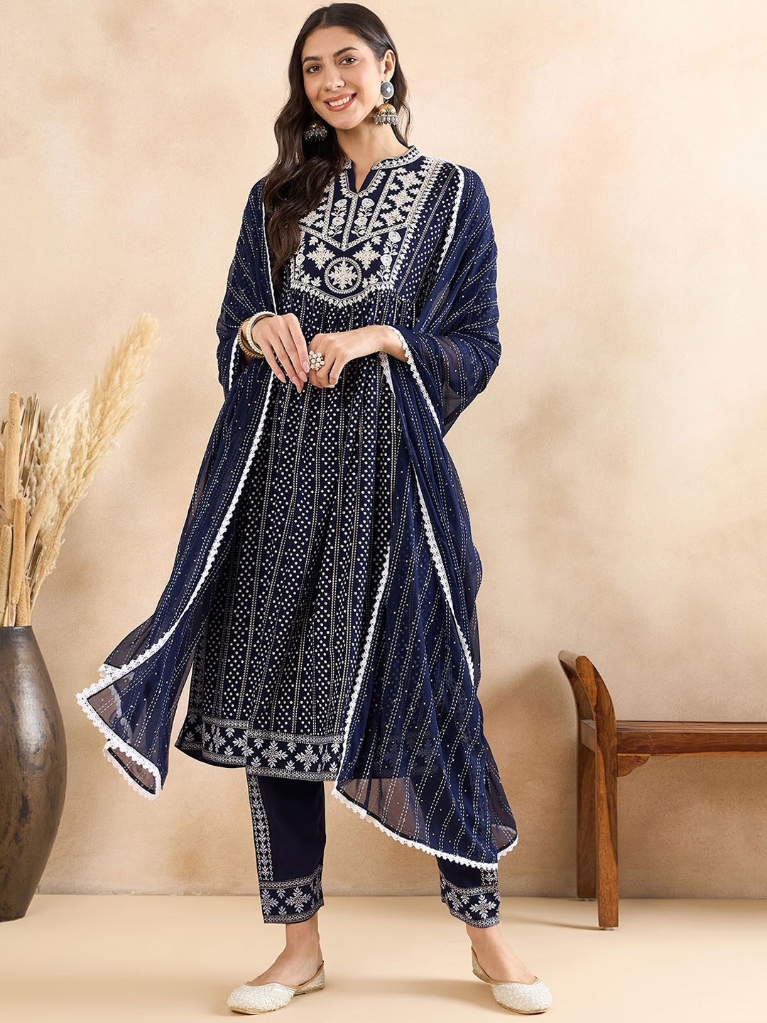 

Anouk Ethnic Motifs Printed Regular Thread Work Kurta With Trousers & Dupatta, Navy blue