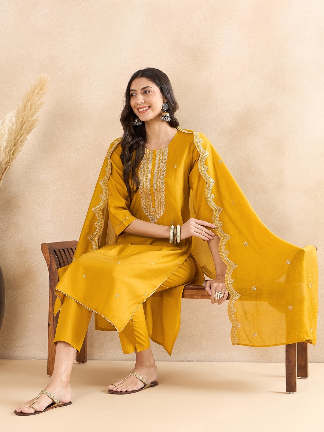 

Anouk Ethnic Motifs Embroidered Regular Gotta Patti Kurta With Trousers & Dupatta, Mustard