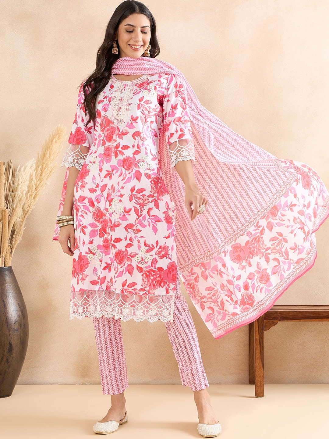 

Anouk Floral Printed Regular Thread Work Pure Cotton Kurta With Trousers & Dupatta, White