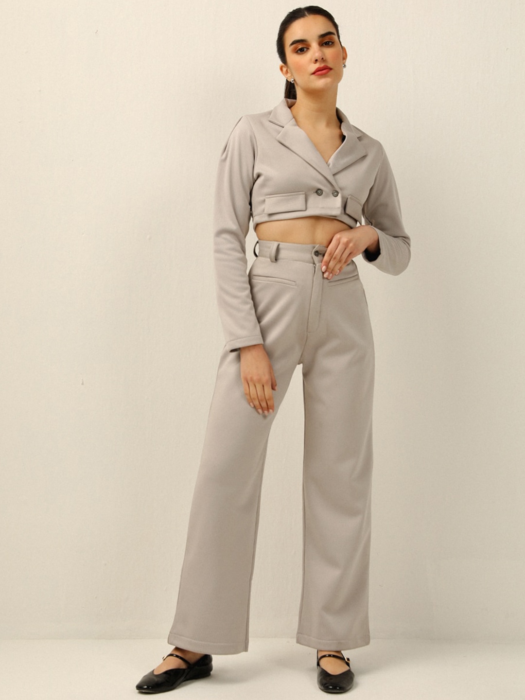 

DEBSTREET Cropped Double-Breasted Blazer & Trousers, Grey