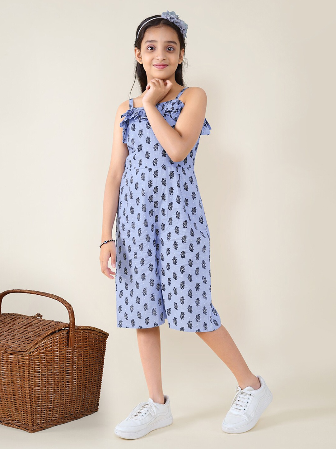 

BAESD Girls Printed Shoulder Straps Ruffles Detailed Cotton Capri Jumpsuit, Blue