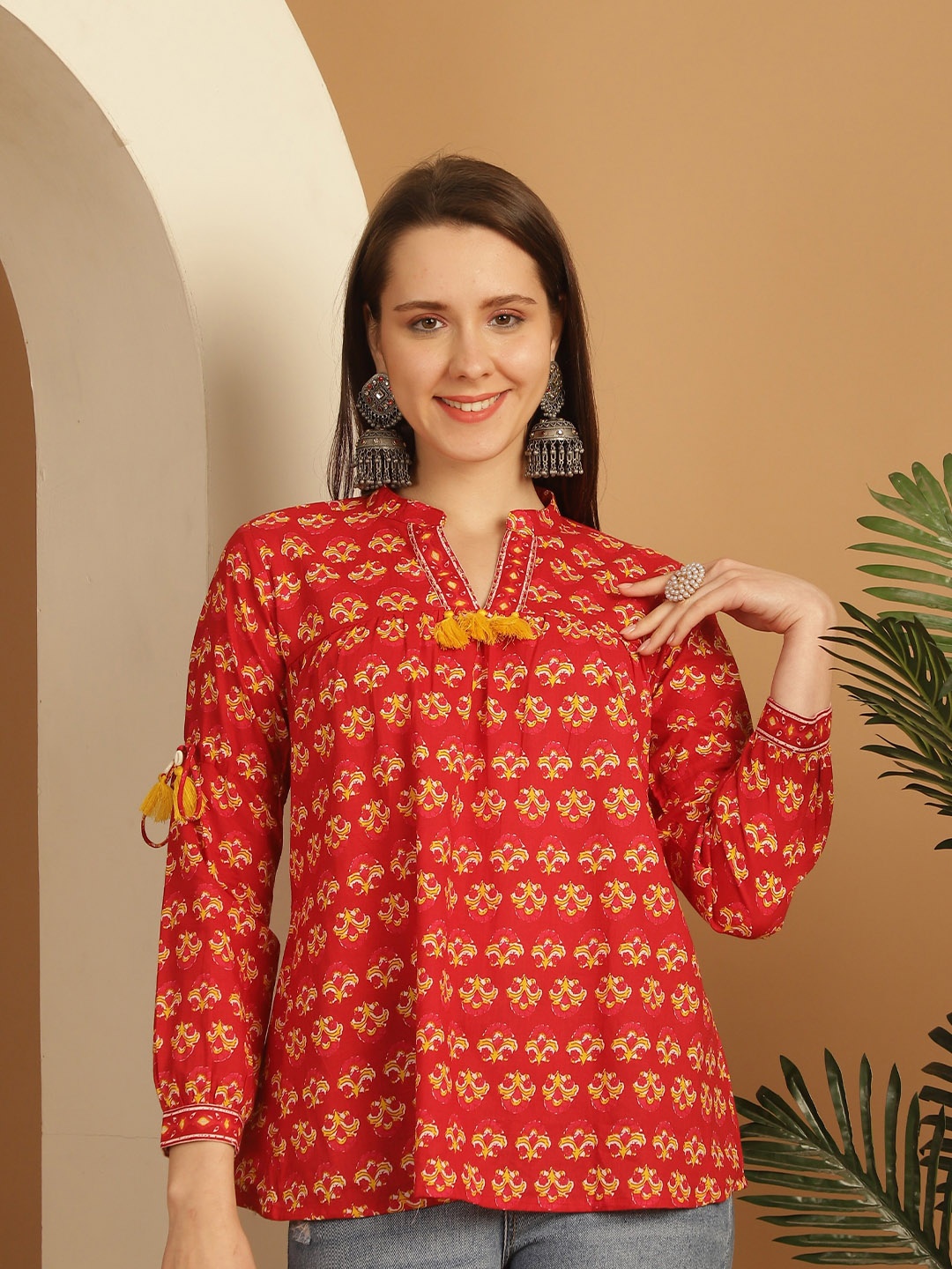 

Roly Poly Floral Print Mandarin Collar Cotton Top, Maroon