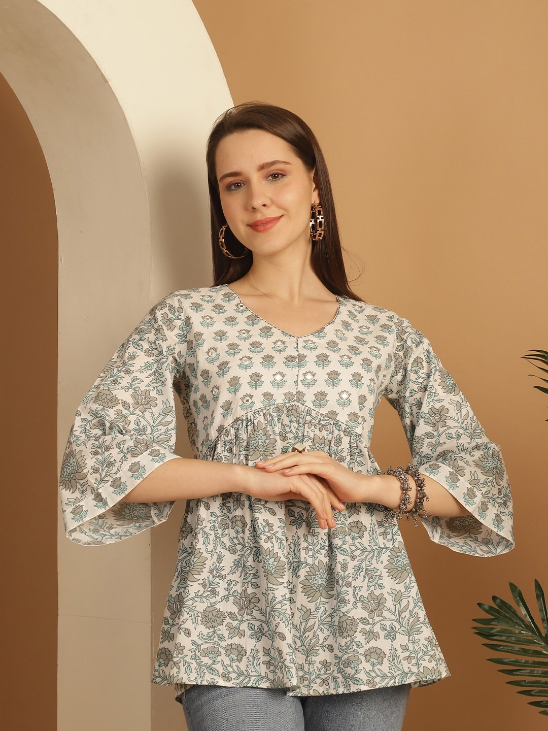 

Roly Poly Floral Print Cotton Top, White