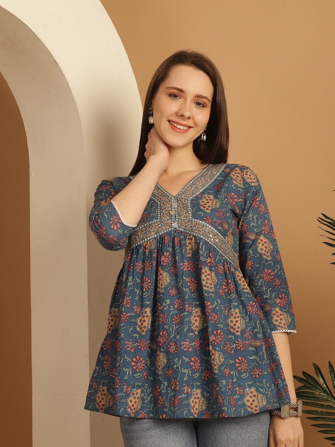 

Roly Poly Floral Print Cotton Empire Top, Blue
