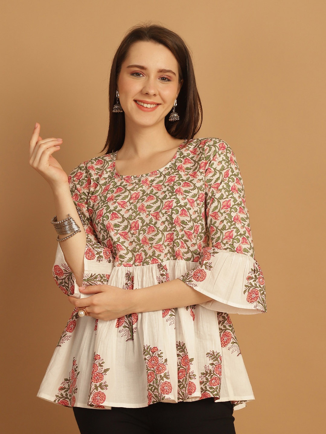 

Roly Poly Floral Print Cotton Peplum Top, White