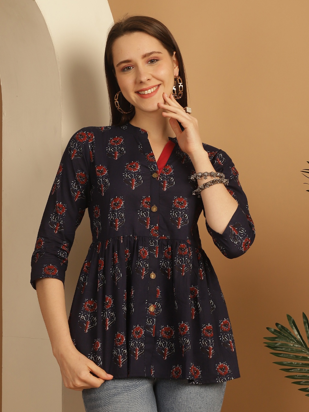 

Roly Poly Floral Print Mandarin Collar Cotton Top, Navy blue