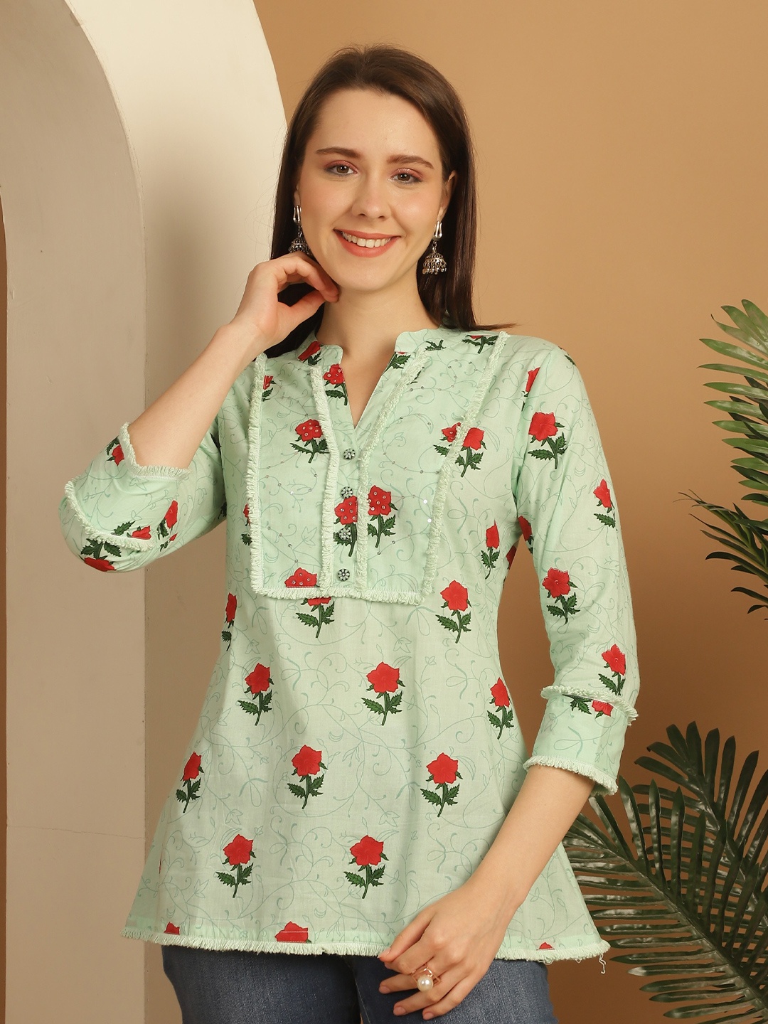 

Roly Poly Floral Print Mandarin Collar Cotton Top, Sea green