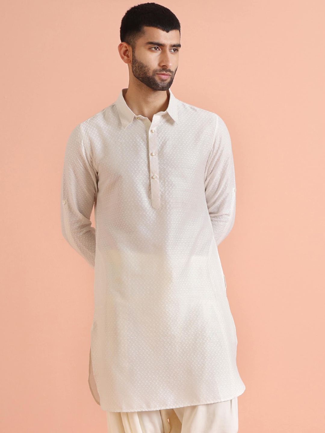 

KISAH Men Thread Work Pathani Kurta, Off white