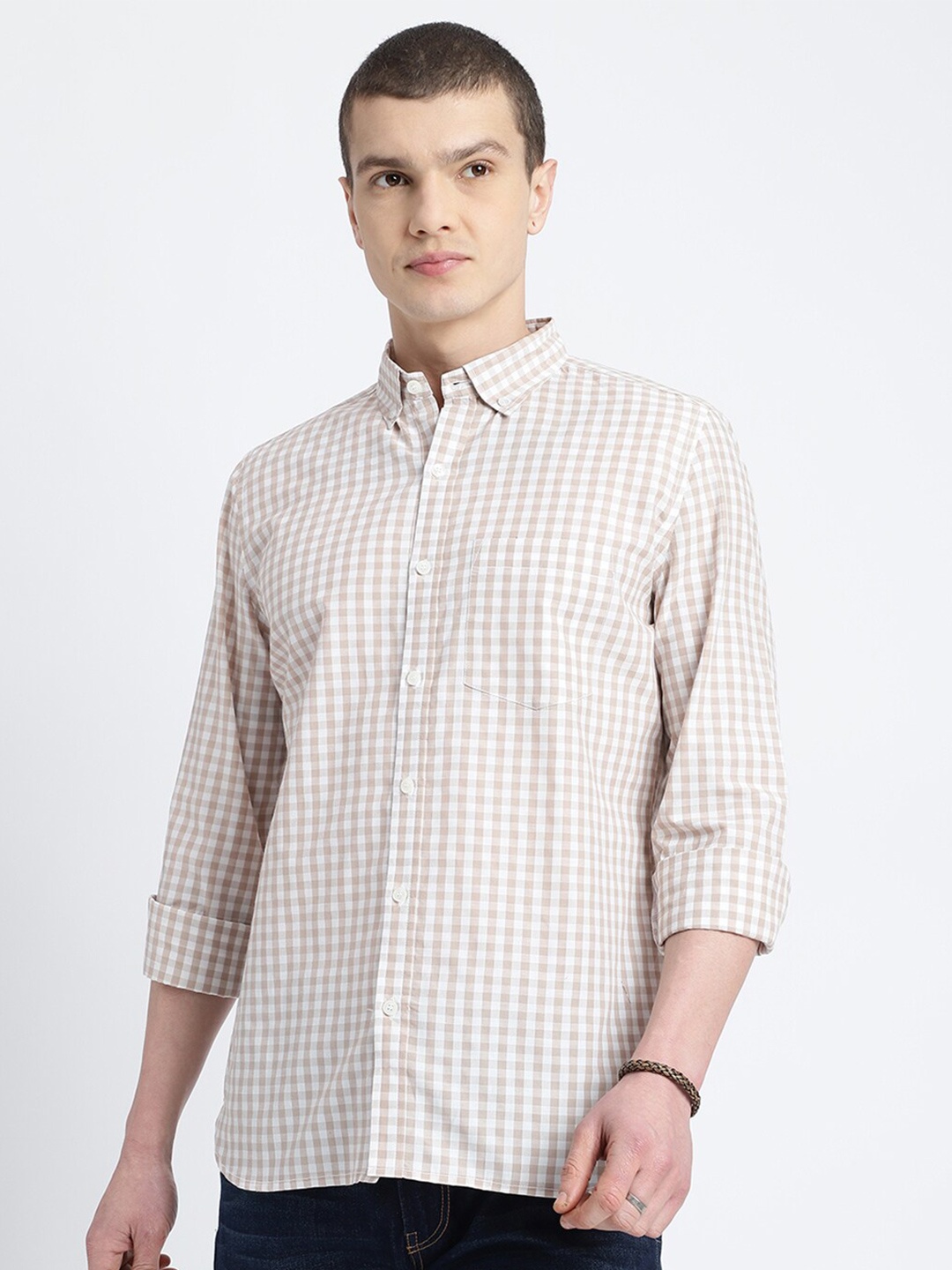 

HighRider Men Classic Gingham Checks Opaque Checked Casual Shirt, Brown