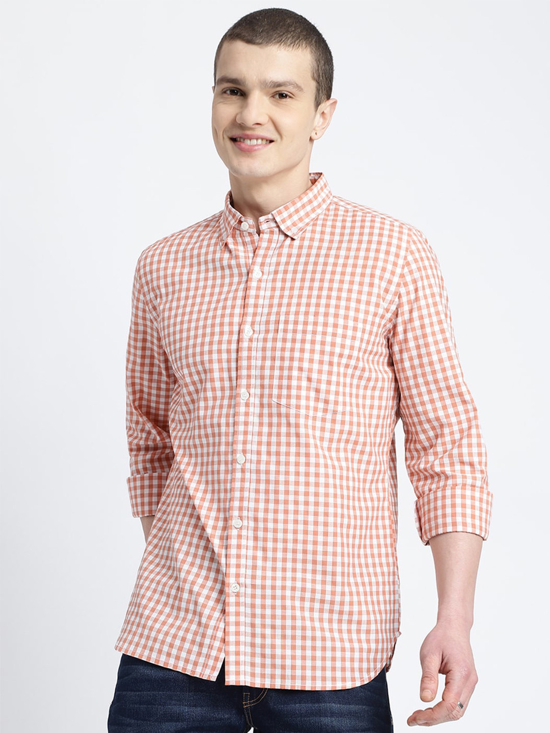 

HighRider Men Classic Gingham Checks Opaque Checked Casual Shirt, Orange