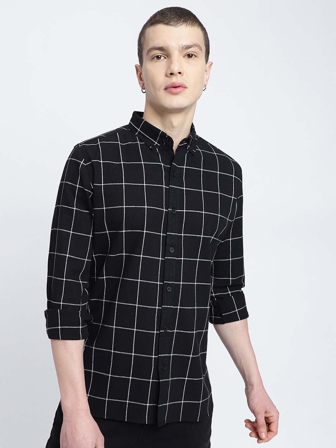 

HighRider Men Classic Windowpane Checks Opaque Checked Casual Shirt, Black