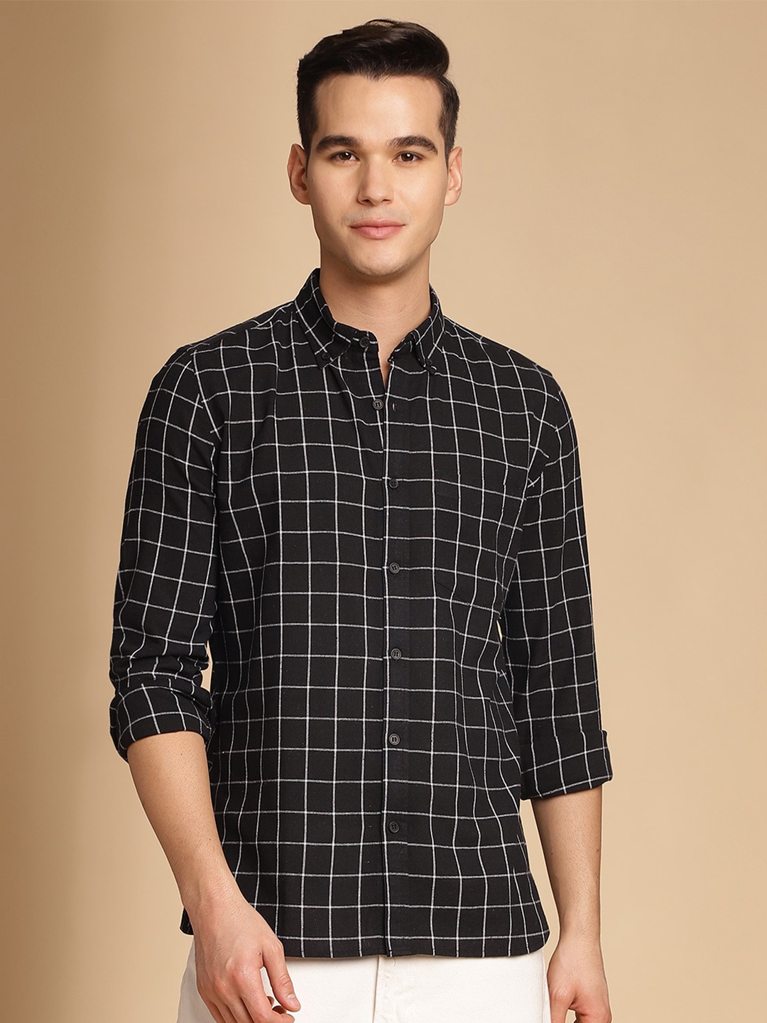 

HighRider Men Classic Windowpane Checks Opaque Checked Casual Shirt, Black