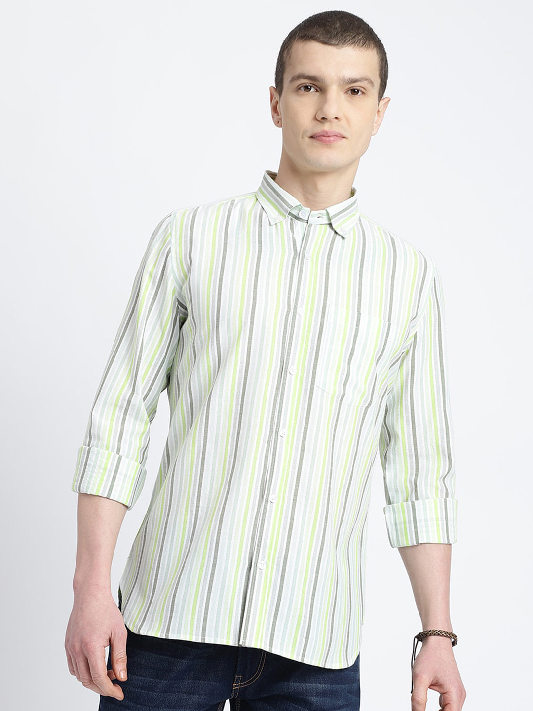 

HighRider Men Classic Opaque Striped Casual Shirt, Green