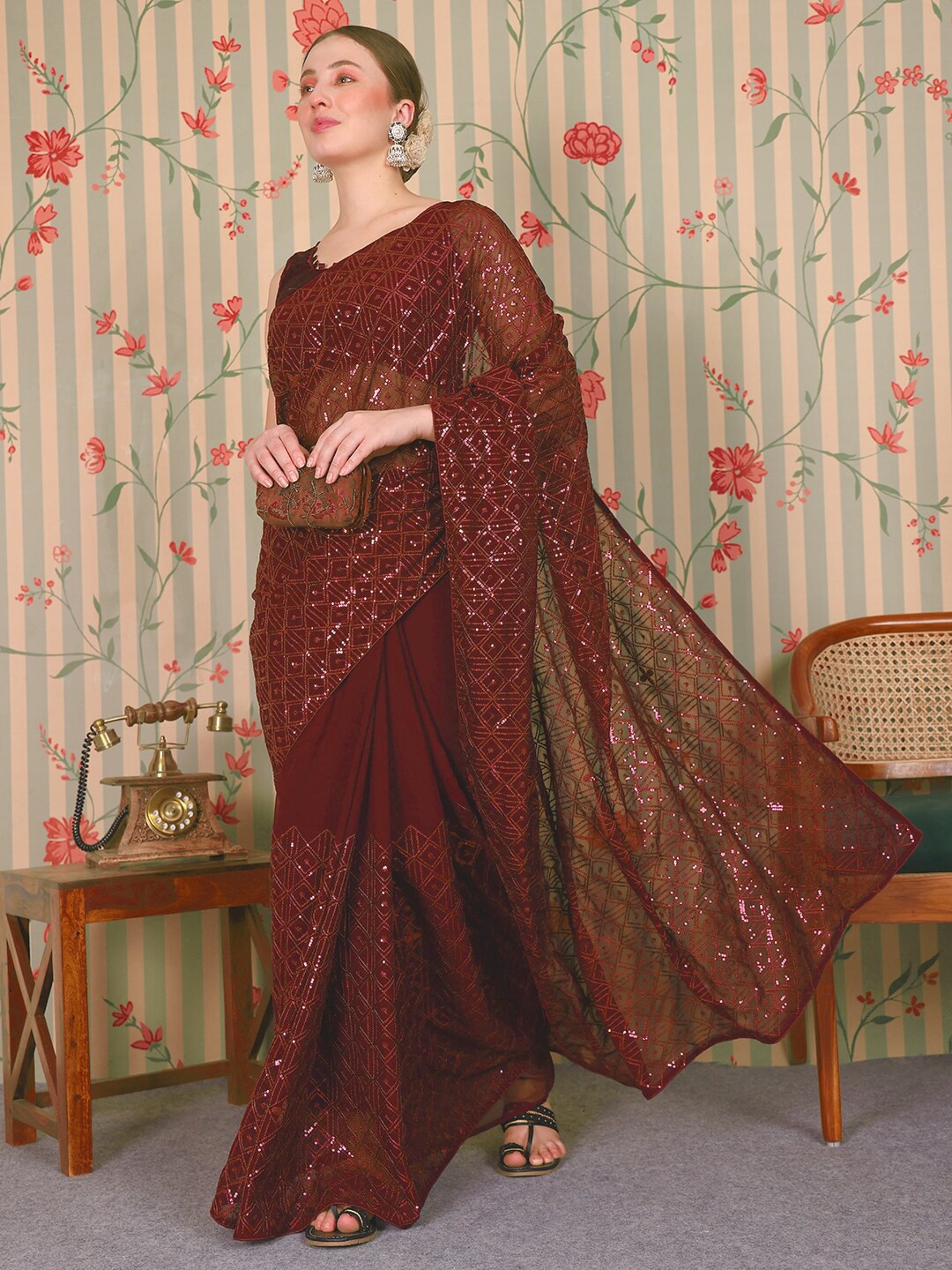 

Ode by House of Pataudi Embellished Sequinned Designer Saree, Maroon