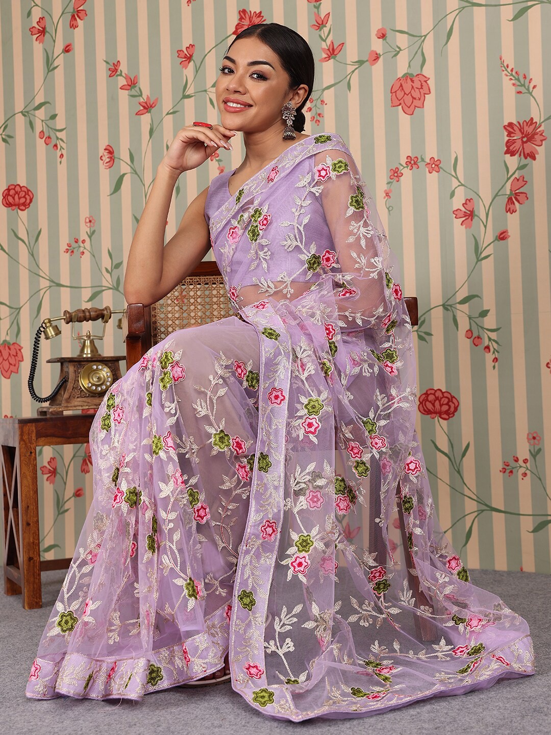 

Ode by House of Pataudi Embellished Embroidered Net Saree, Lavender