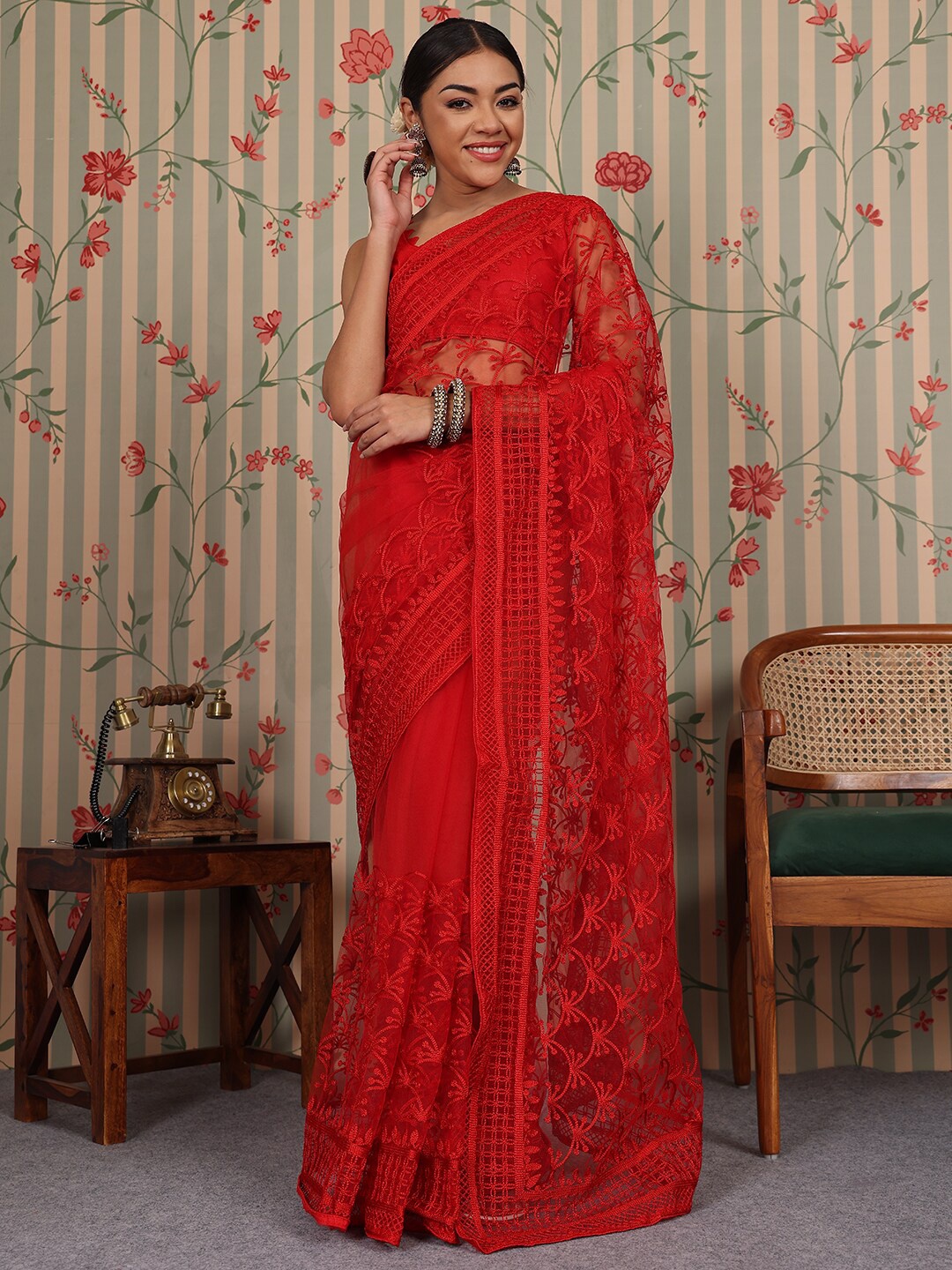 

Ode by House of Pataudi Embellished Embroidered Net Designer Saree, Red