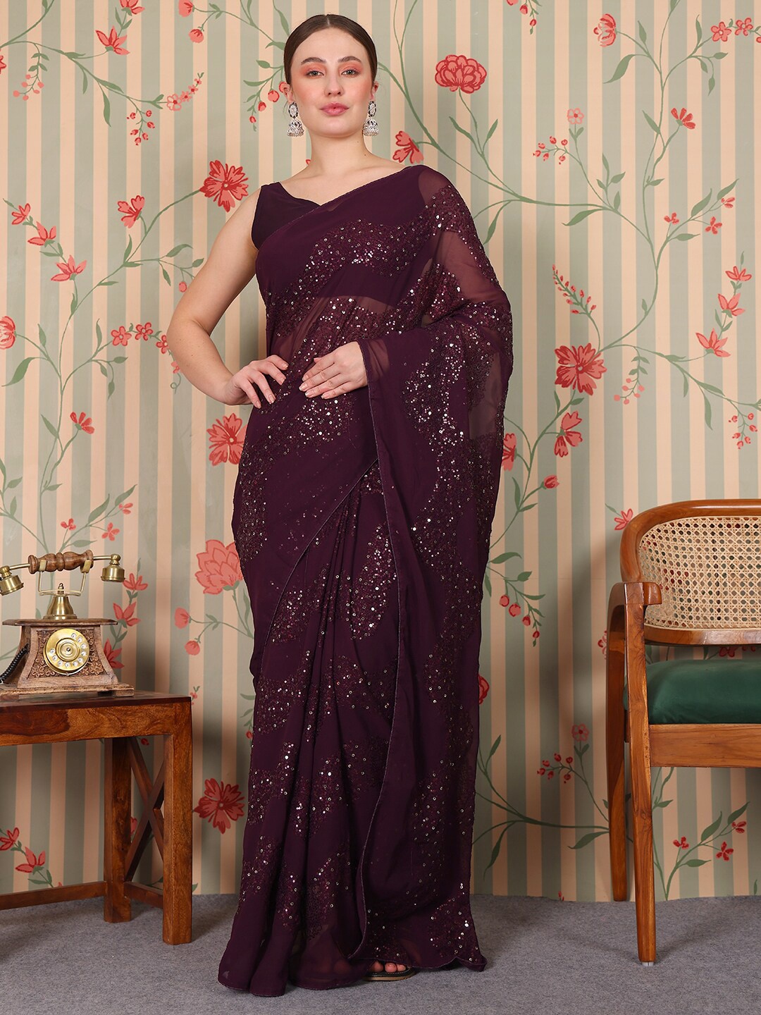 Ode by House of Pataudi Embellished Sequinned Designer Saree, Purple