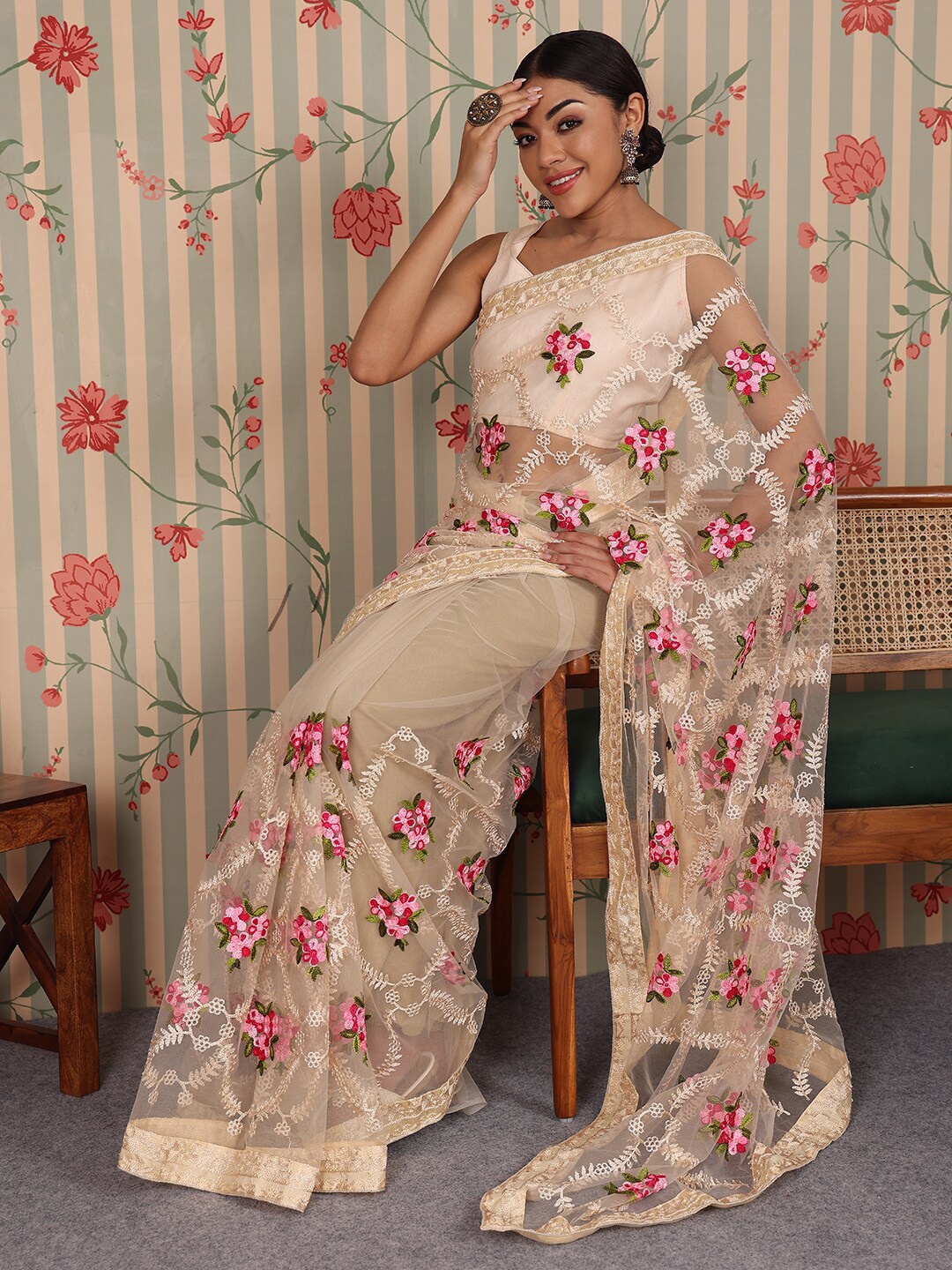 

Ode by House of Pataudi Embellished Embroidered Net Designer Saree, Off white