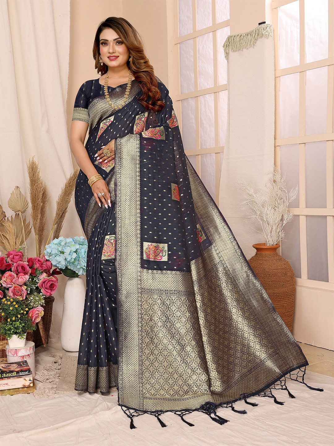 

Sunasi Ethnic Motifs Woven Design Zari Saree, Navy blue