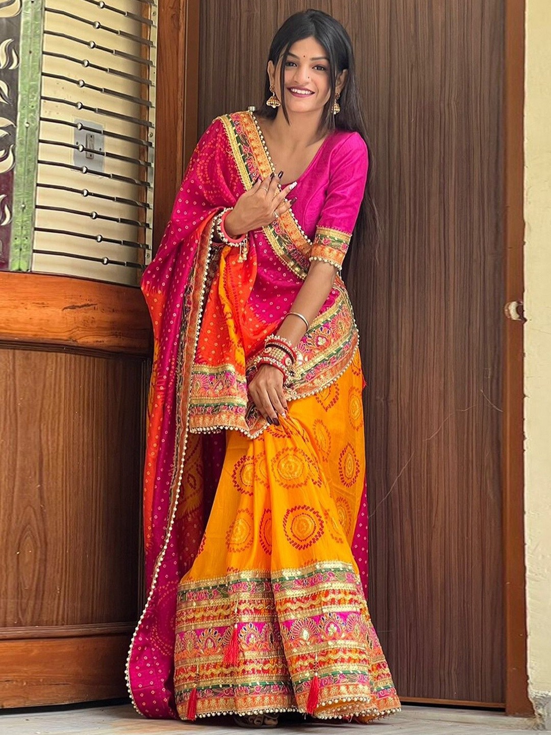 

KALINI Bandhani Embroidered Pure Chiffon Saree, Orange
