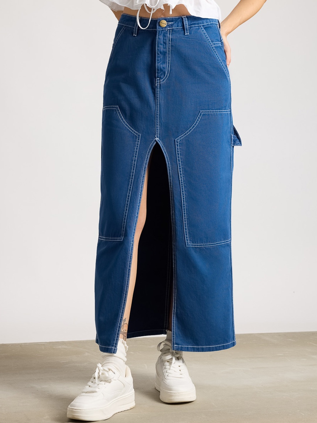 

FREAKINS Blue Pure Cotton Cut Out A-Line Maxi Skirt