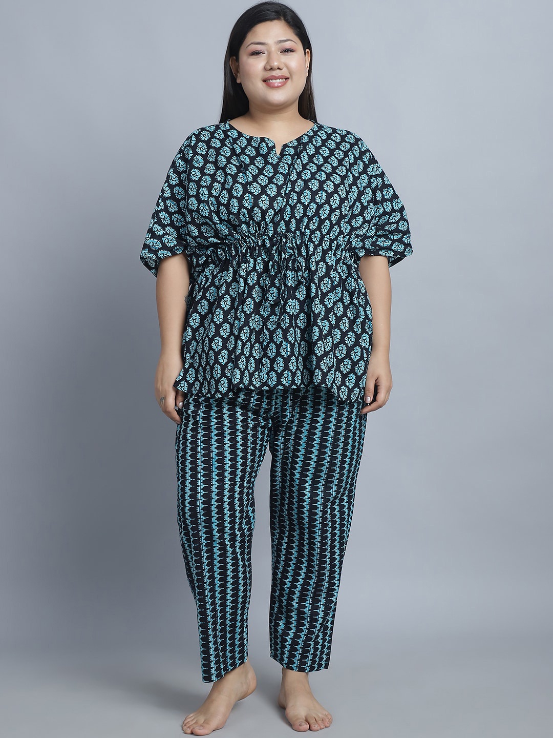 

TAG 7 Plus Size Floral Printed Pure Cotton Kaftan & Pyjama, Black