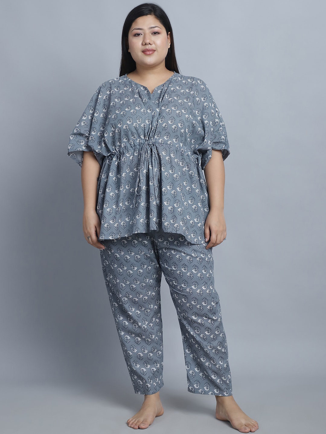 

TAG 7 Plus Size Printed Pure Cotton Kaftan Night suit, Grey