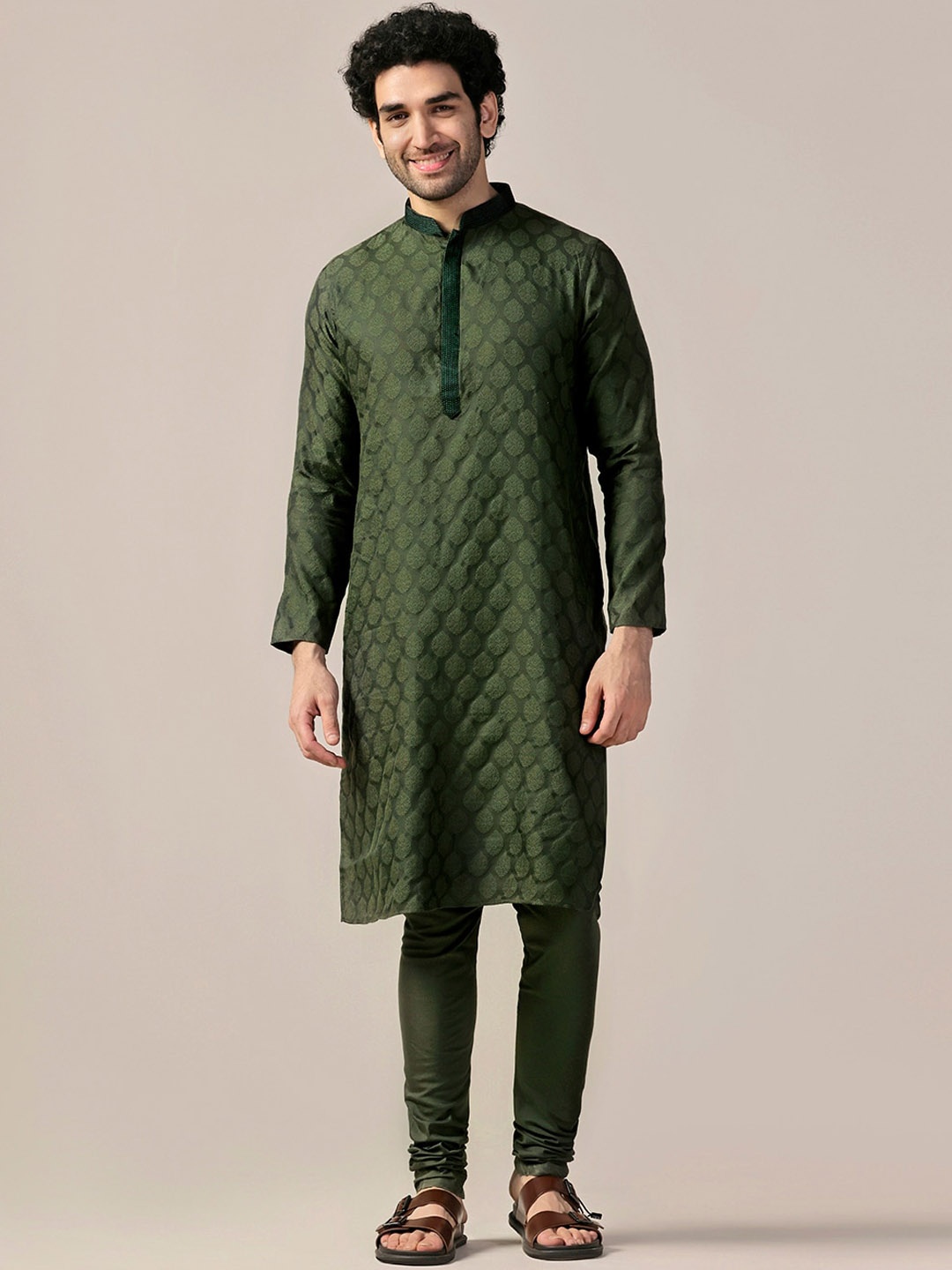 

KISAH Floral Woven Design Mandarin Collar Thread Work Kurta with Churidar, Olive