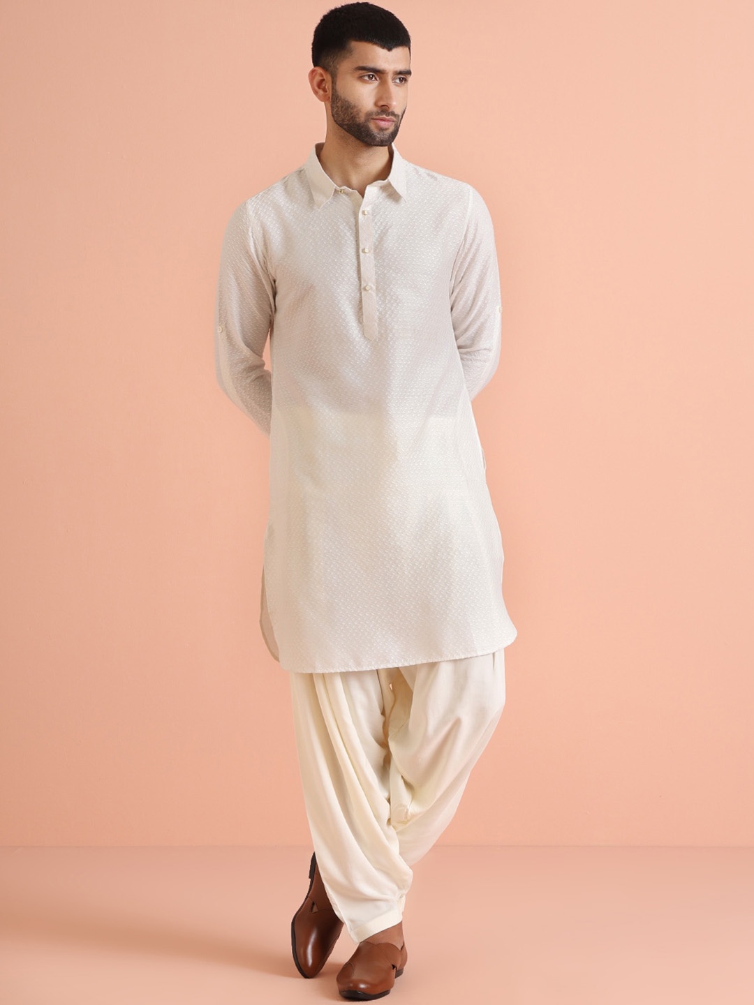 

KISAH Self Design Shirt Collar Straight Kurta with Patiala, Off white