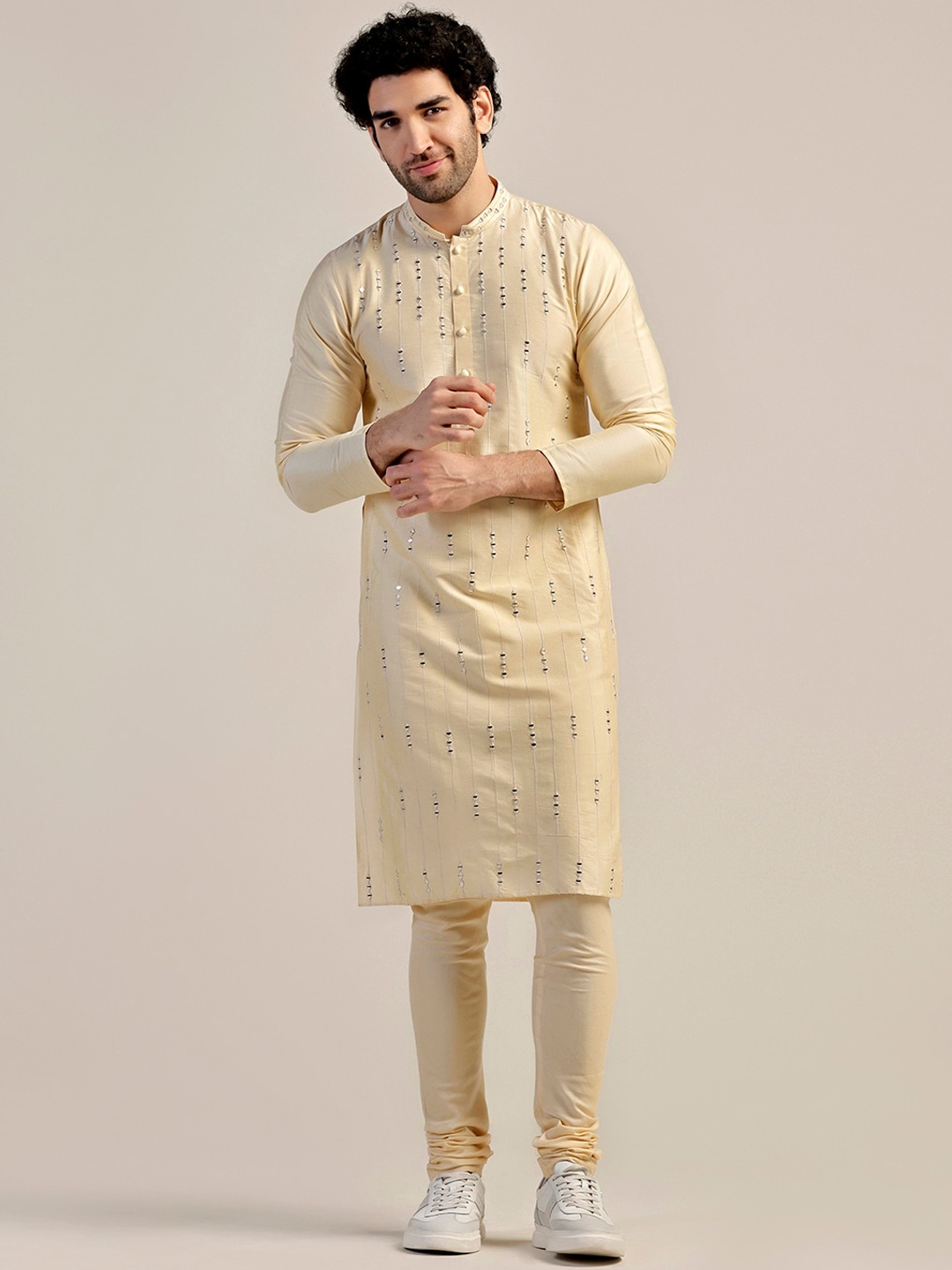 

KISAH Embroidered Straight Mirror Work Kurta with Churidar, Cream