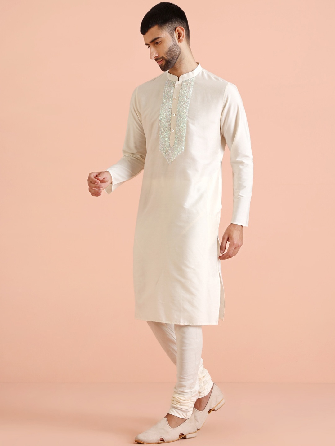 

KISAH Floral Yoke Design Regular Kurta with Churidar, Off white