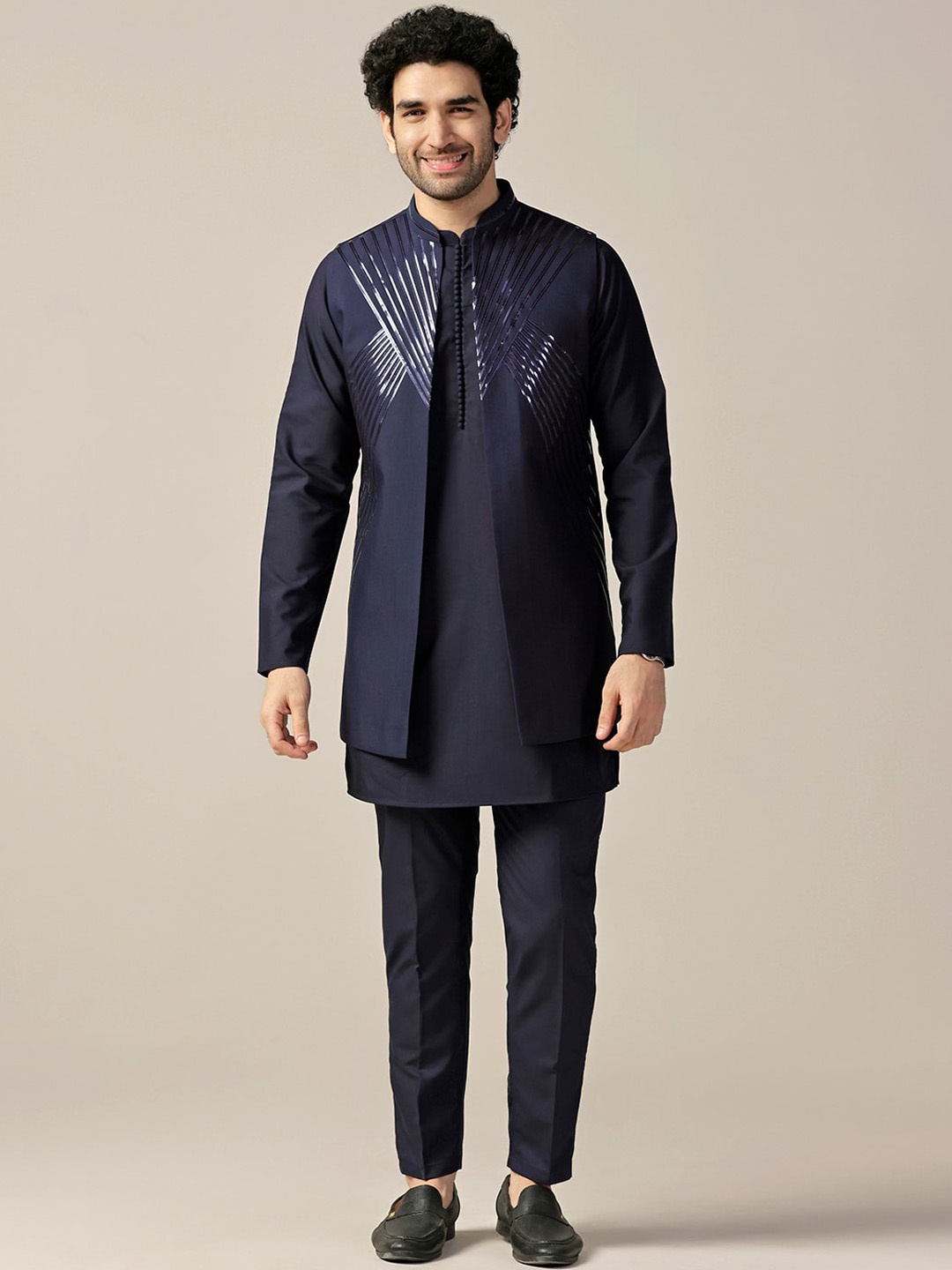 

KISAH Embroidered Regular Kurta with Trouser & Nehru jacket, Blue