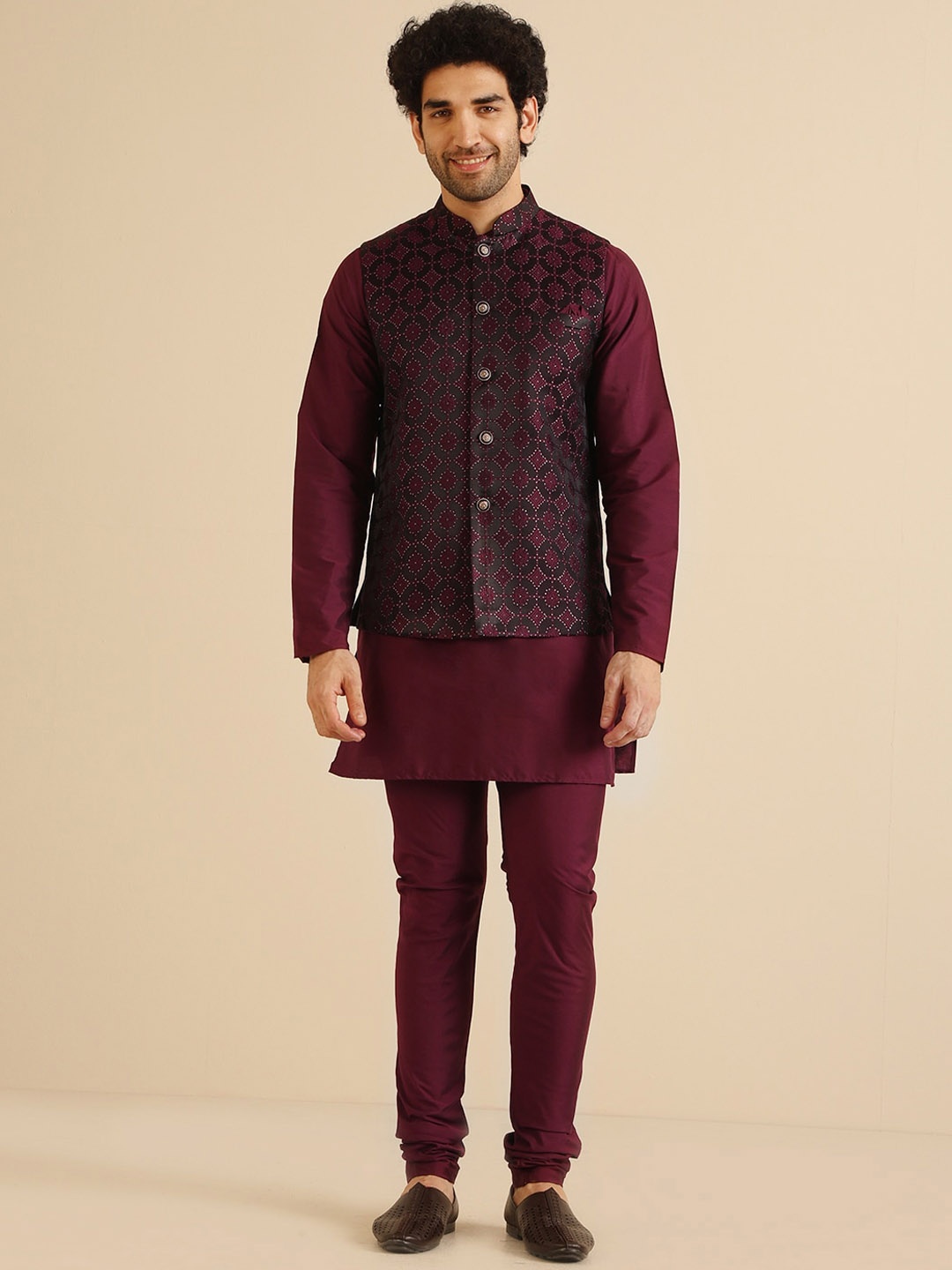 

KISAH Mandarin Collar Kurta with Churidar & Nehru Jacket, Burgundy