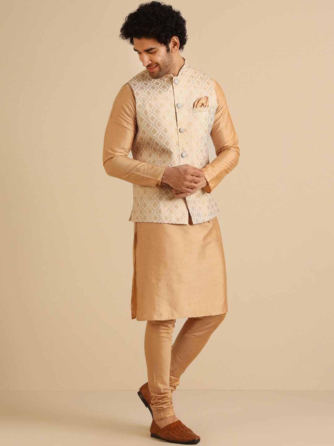 

KISAH Regular Pure Cotton Straight Kurta With Churidar & Nehru Jacket, Off white