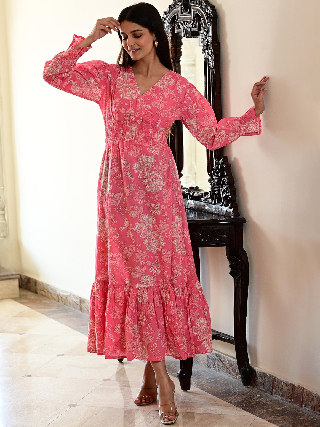 

VYKOO Women Paisley Flared Sleeves Anarkali Kurta, Pink