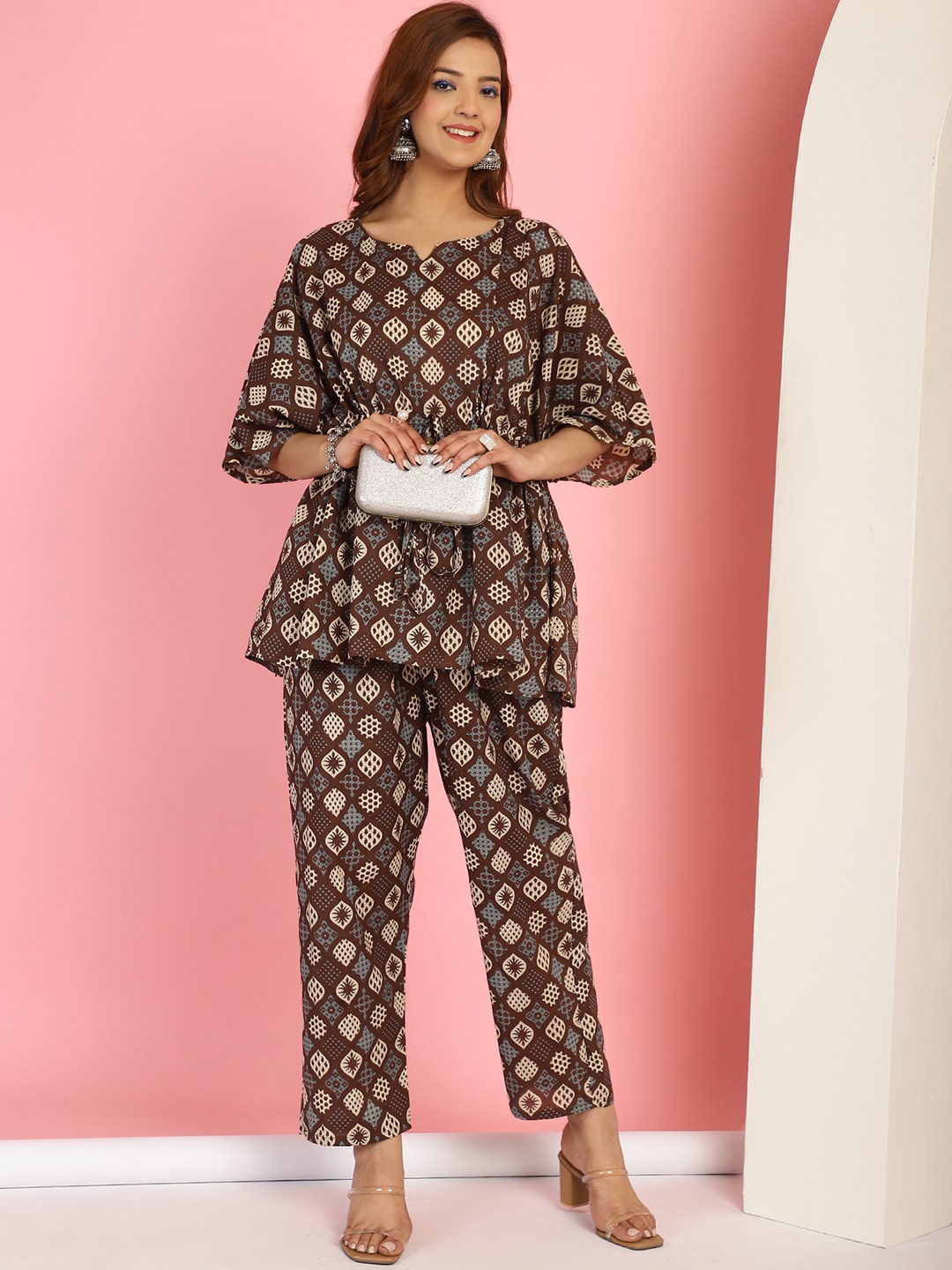 

TAG 7 Ethnic Motifs Printed Pure Cotton Kaftan with Trouser, Brown