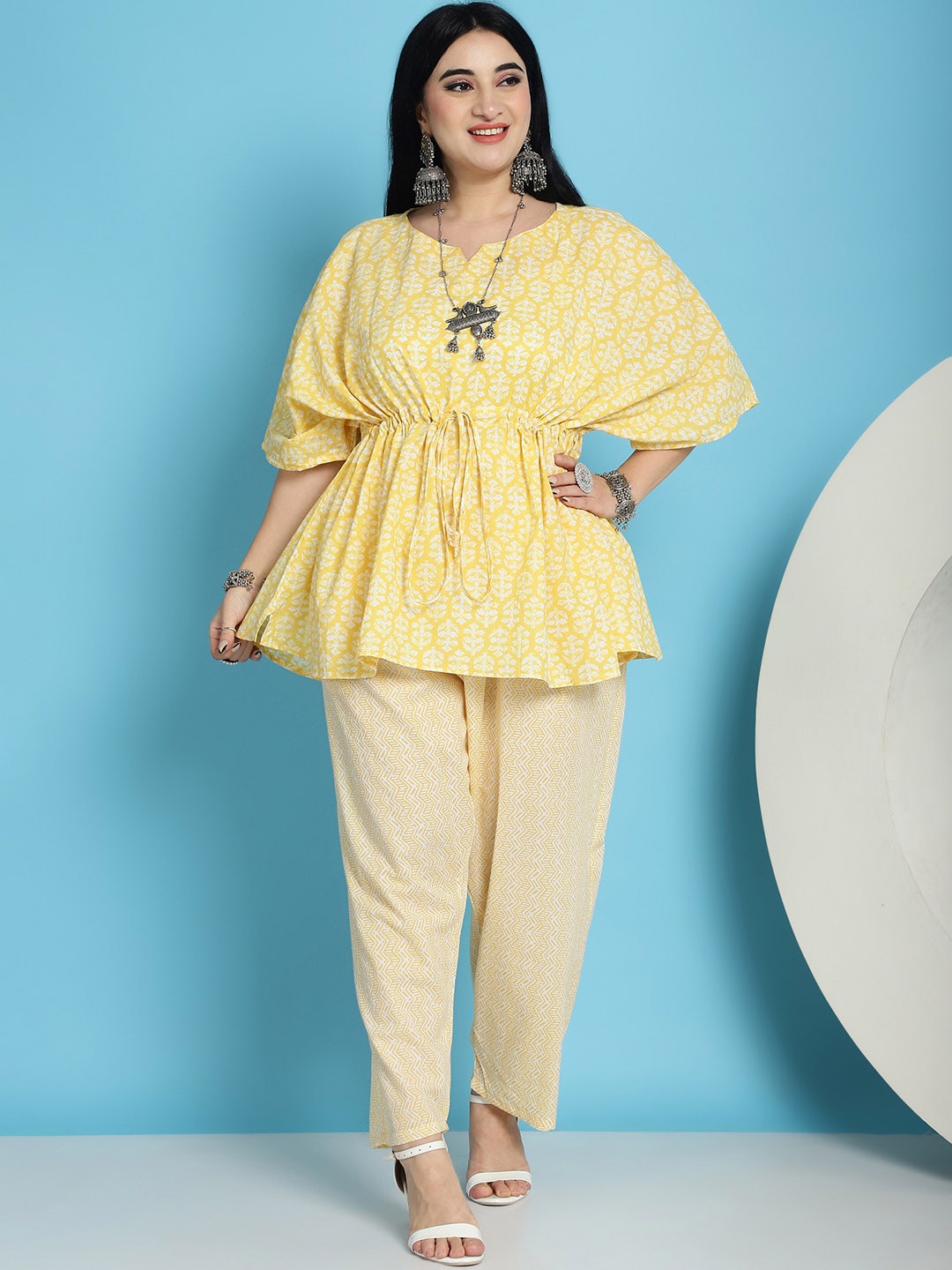 

TAG 7 Floral Printed Pure Cotton Kaftan with Trouser, Yellow