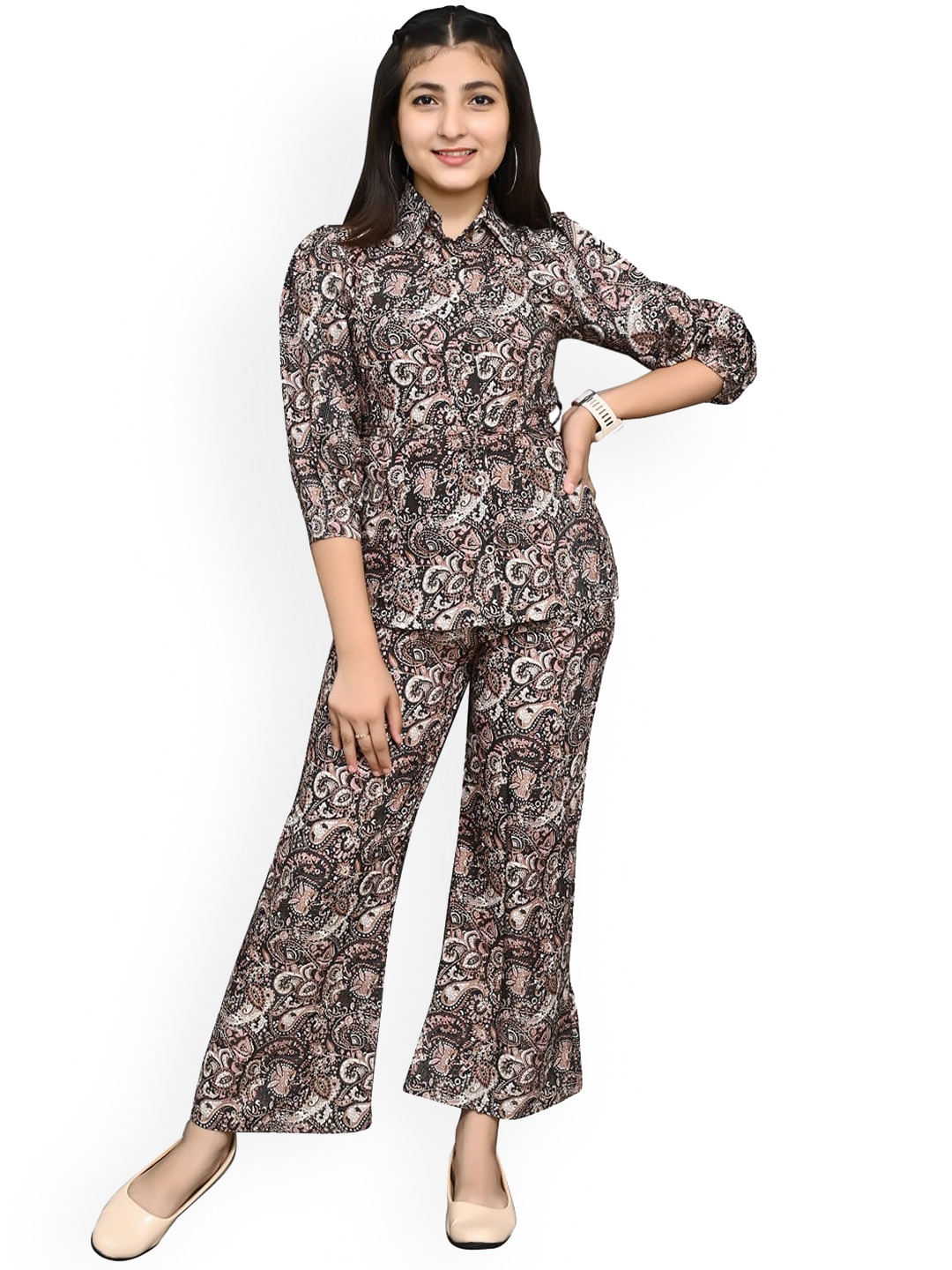 

FELLAMO Girls Paisley Printed Slim-Fit Top & Trousers, Brown