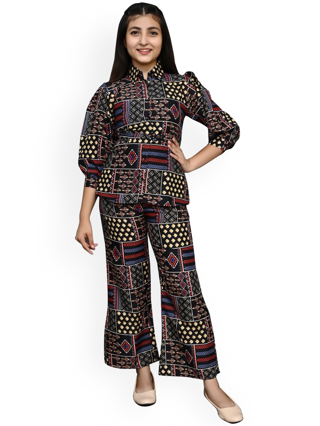 

FELLAMO Girls Paisley Print Slim-Fit Top & Trousers, Black