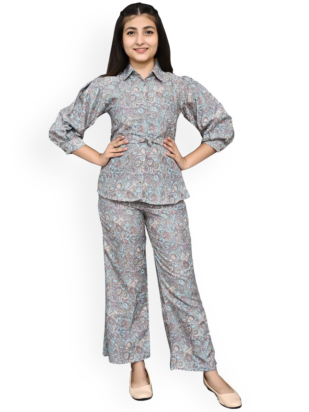 

FELLAMO Girls Paisley Printed Slim-Fit Top & Trousers, Blue