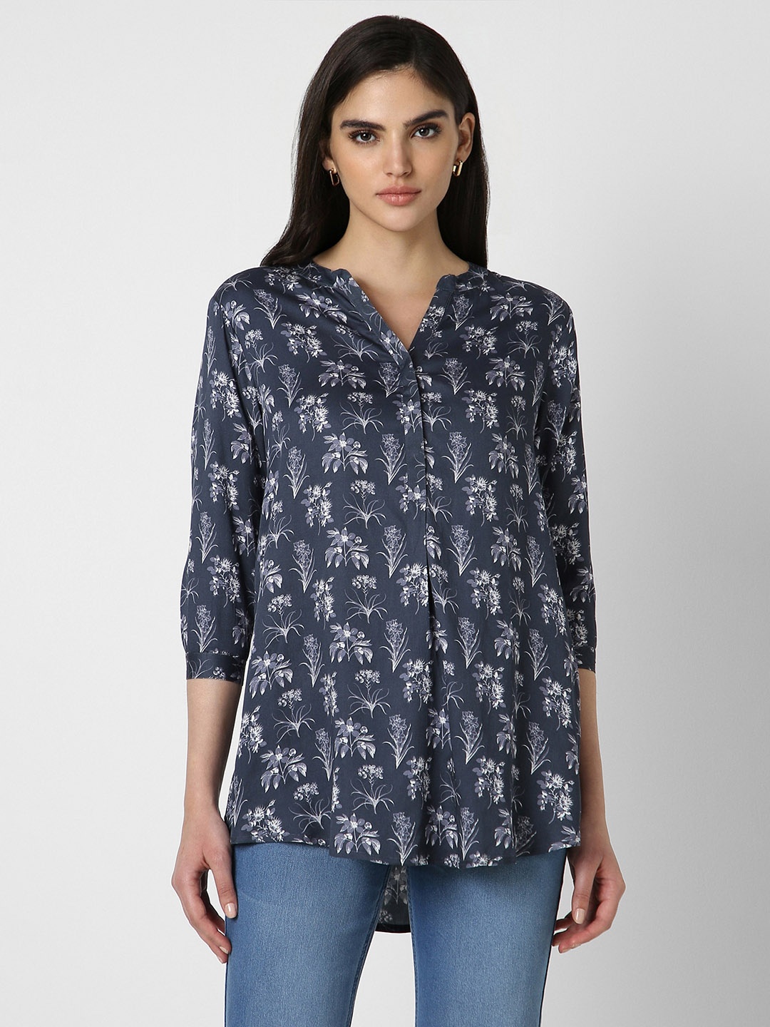 

Van Heusen Woman Modal Mandarin Collar Printed Tunic, Navy blue